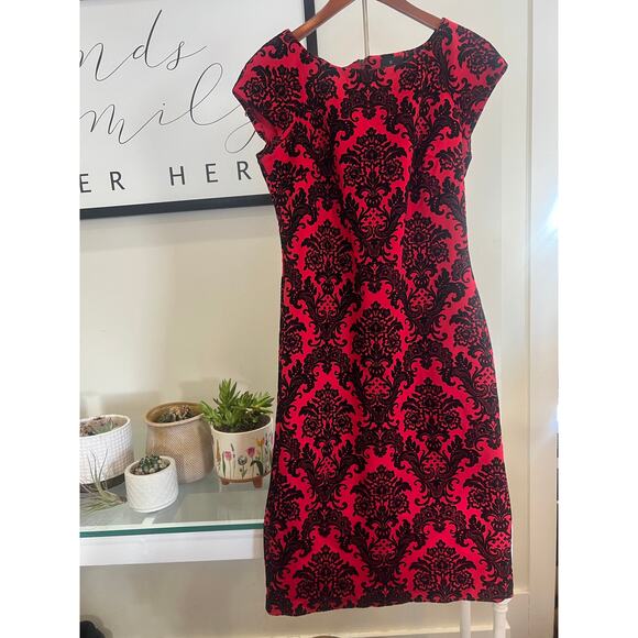 ❤️🖤 Worthington Red & Black Velvet Damask Midi Dress – Size 6 ❤️🖤 - Picture 2 of 11